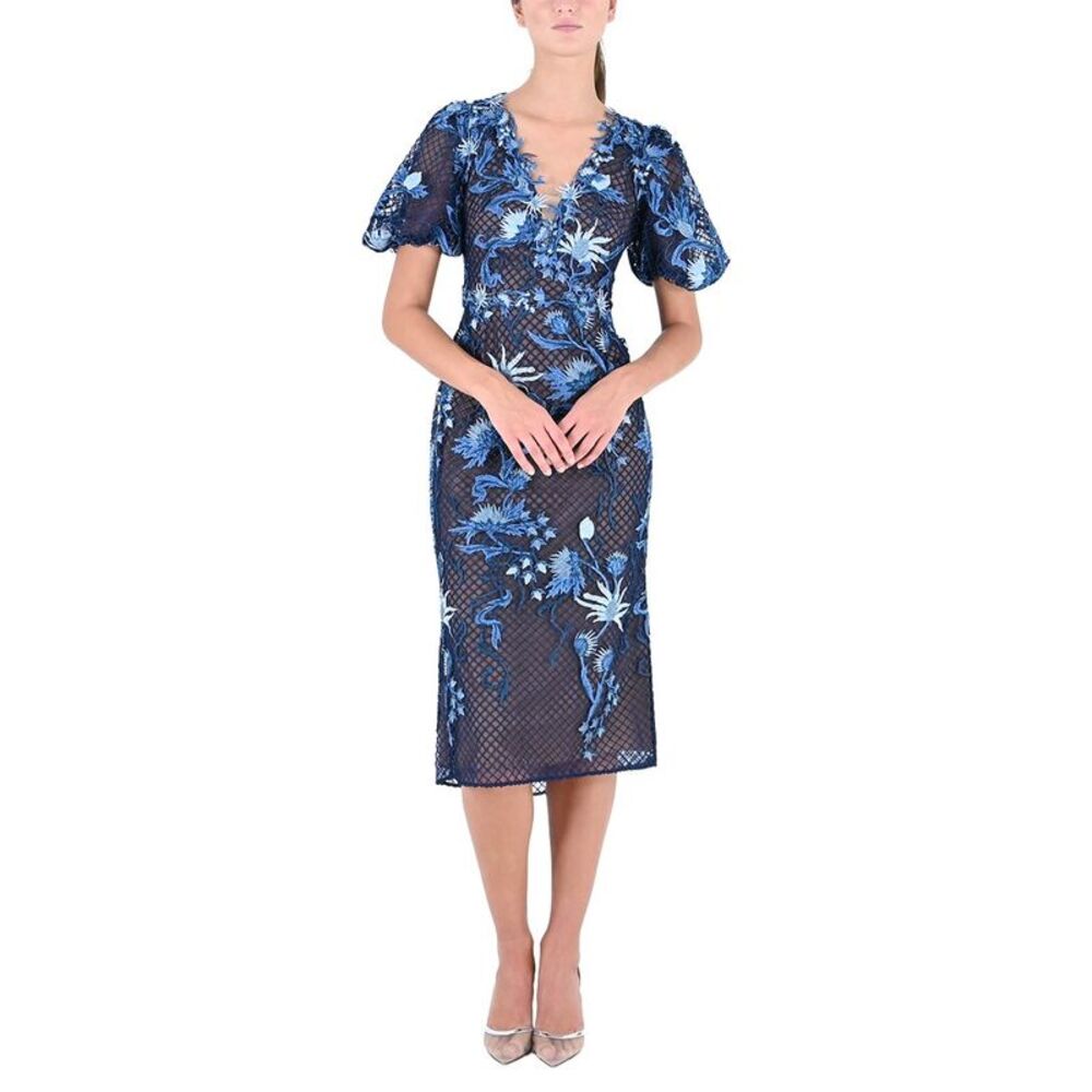 Marchesa Notte Womens Midi Dress, Blue